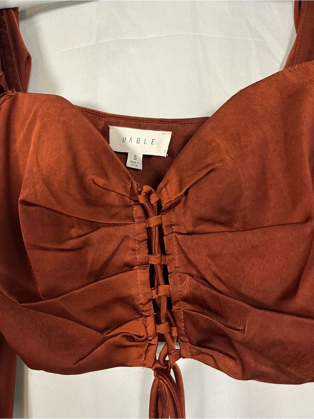 Mable rust satin corset lace up puff sleeve crop top sz s sexy night out - Picture 3 of 7